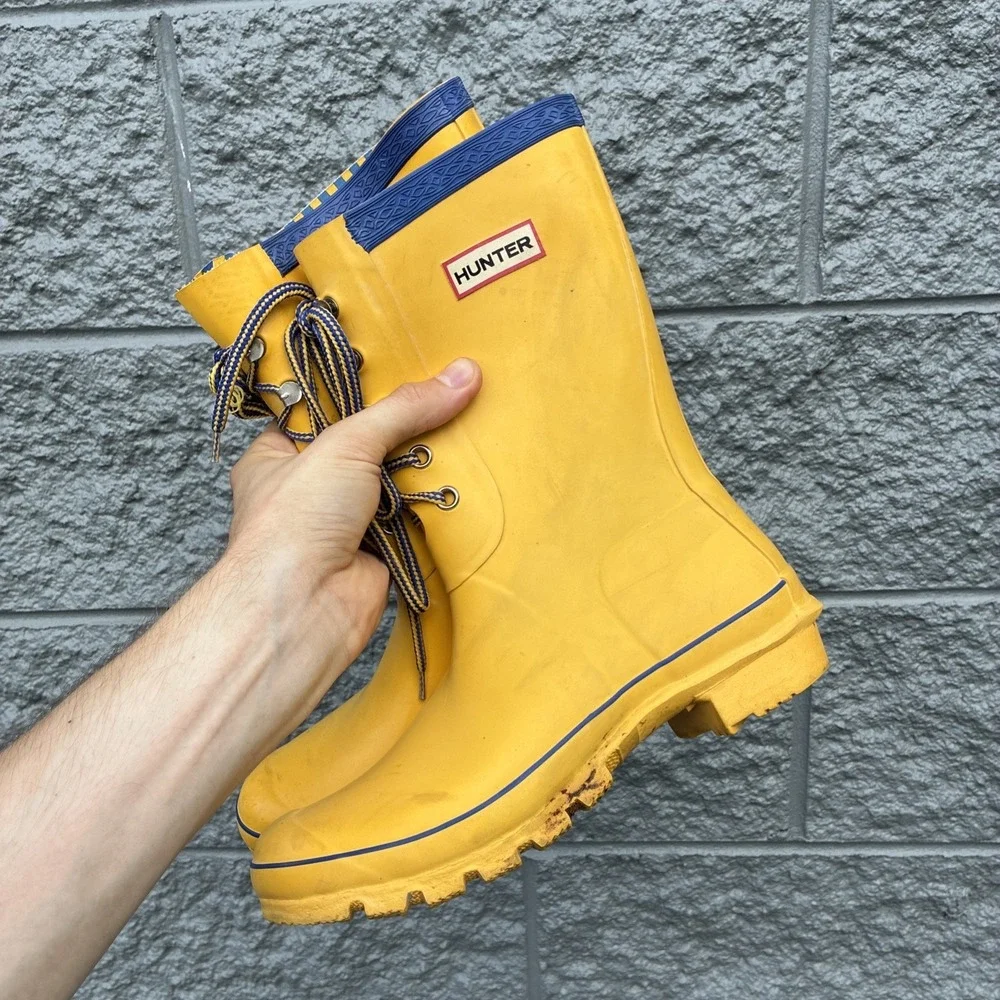 Hunter Festival Mid-Calf Lace Up Yellow w/ Blue Trim Women's US 9 Rain Boots
